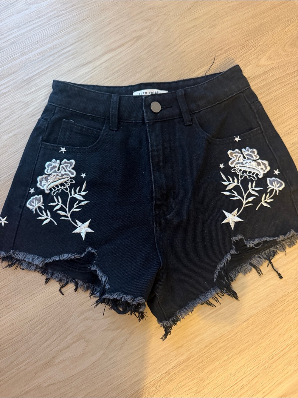 NWOT 12th Tribe Black Embroidered Denim Shorts - Women